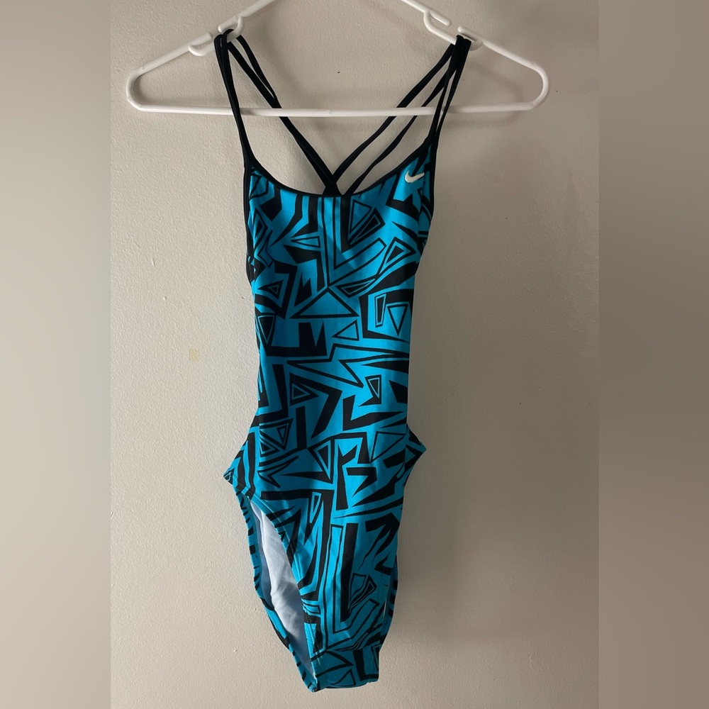 Nike Blue and Black Geometric One-Piece Swimsuit